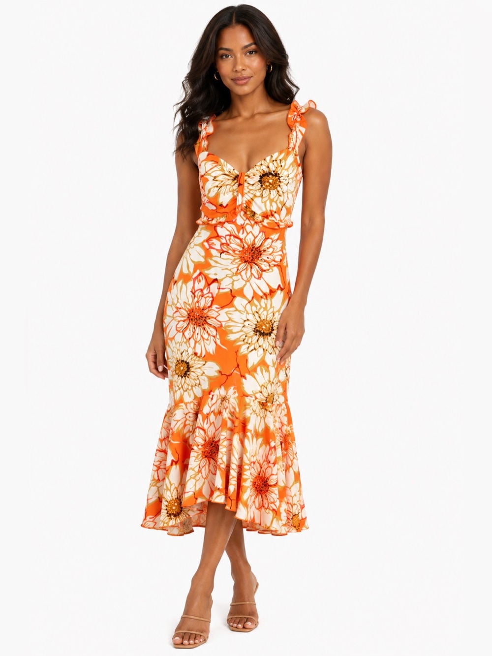Vintage Svetlana Y2K Orange Floral Ruffle Midi Dress Made in Canada Size 10
